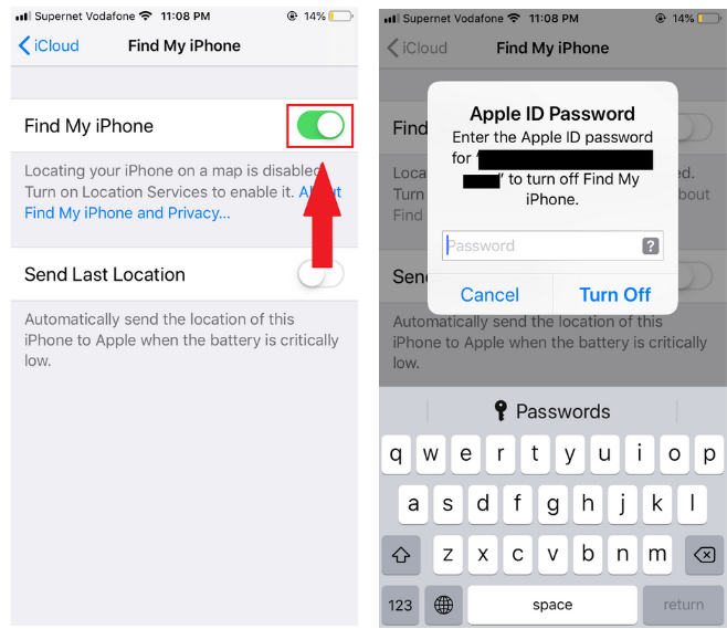 how to turn off find my iphone from iphone